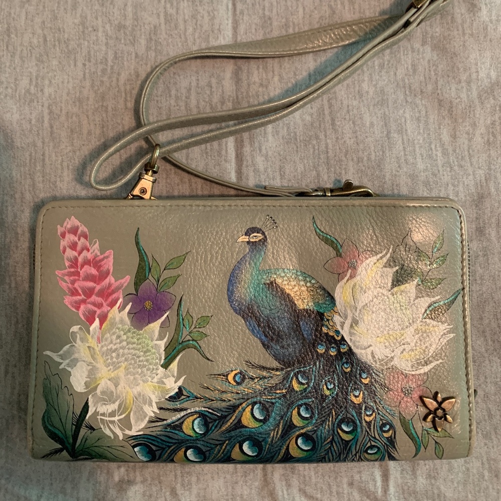 ANUSCHKA ORGANIZER CROSSBODY.  PEACOCK.